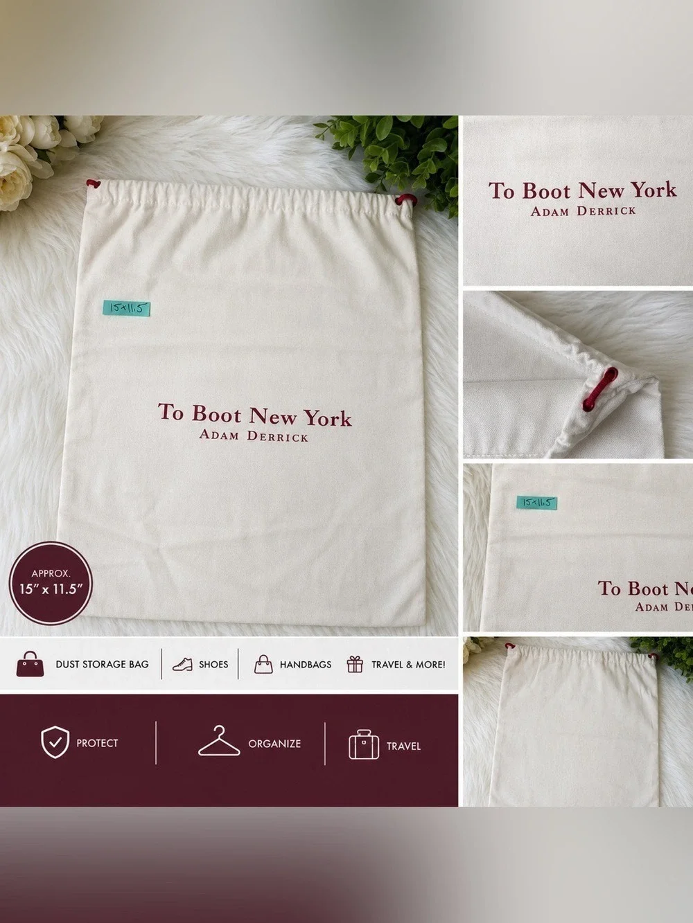 To Boot New York Adam Derrick Dust Bag Cream Red Drawstring 15x11.5